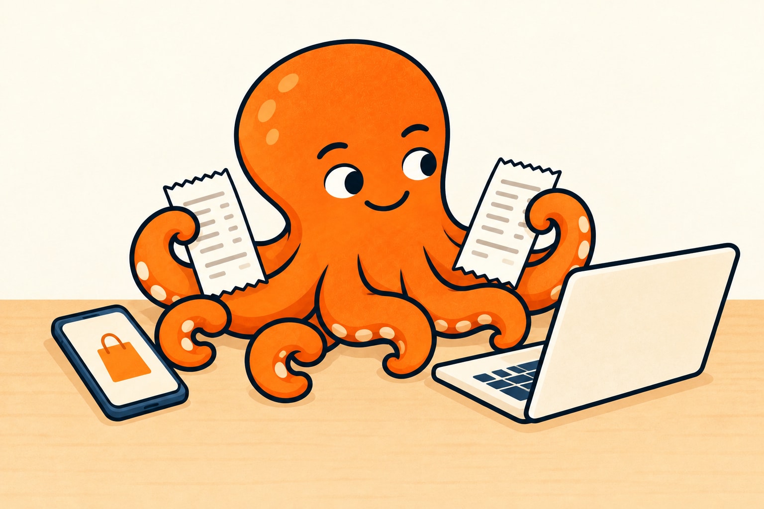 Oranžová chobotnice porovnává dva doklady mezi telefonem a notebookem.
