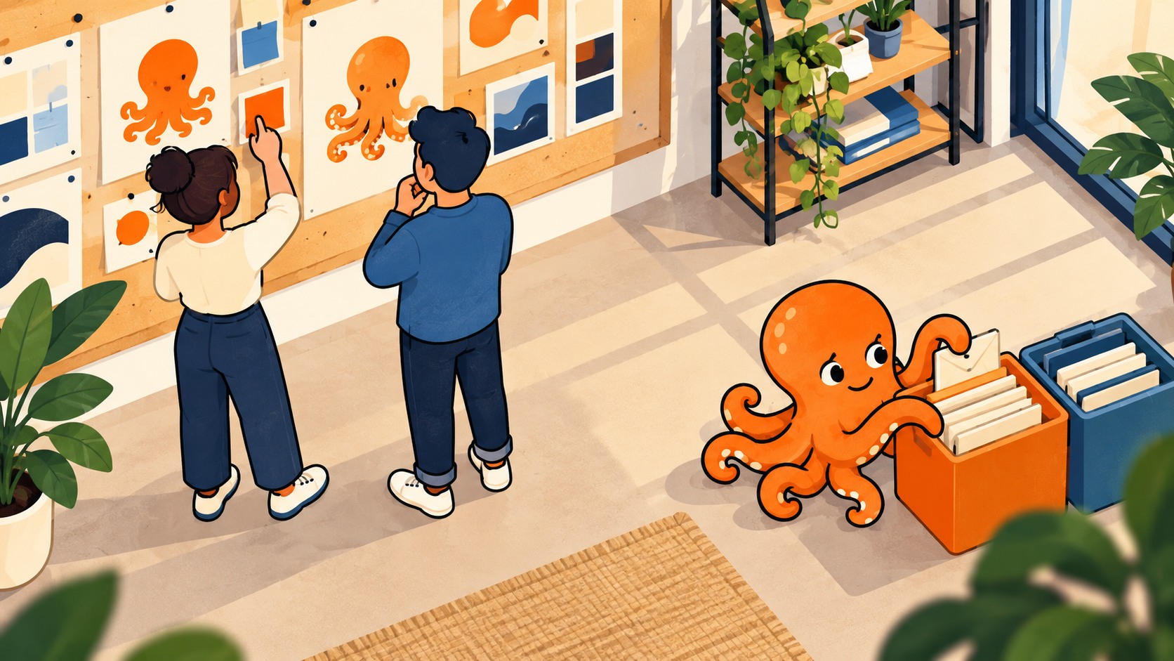 Chobotnice hledá fakturu ve správném týmovém košíku v designovém studiu.