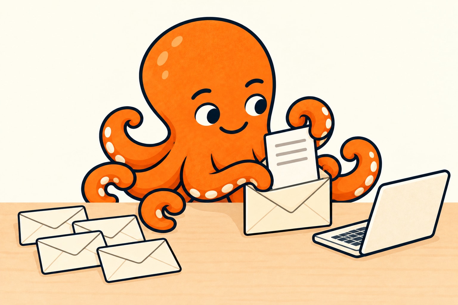 Oranžová chobotnice vkládá jeden dokument do obálky vedle notebooku; ostatní obálky nechává stranou.