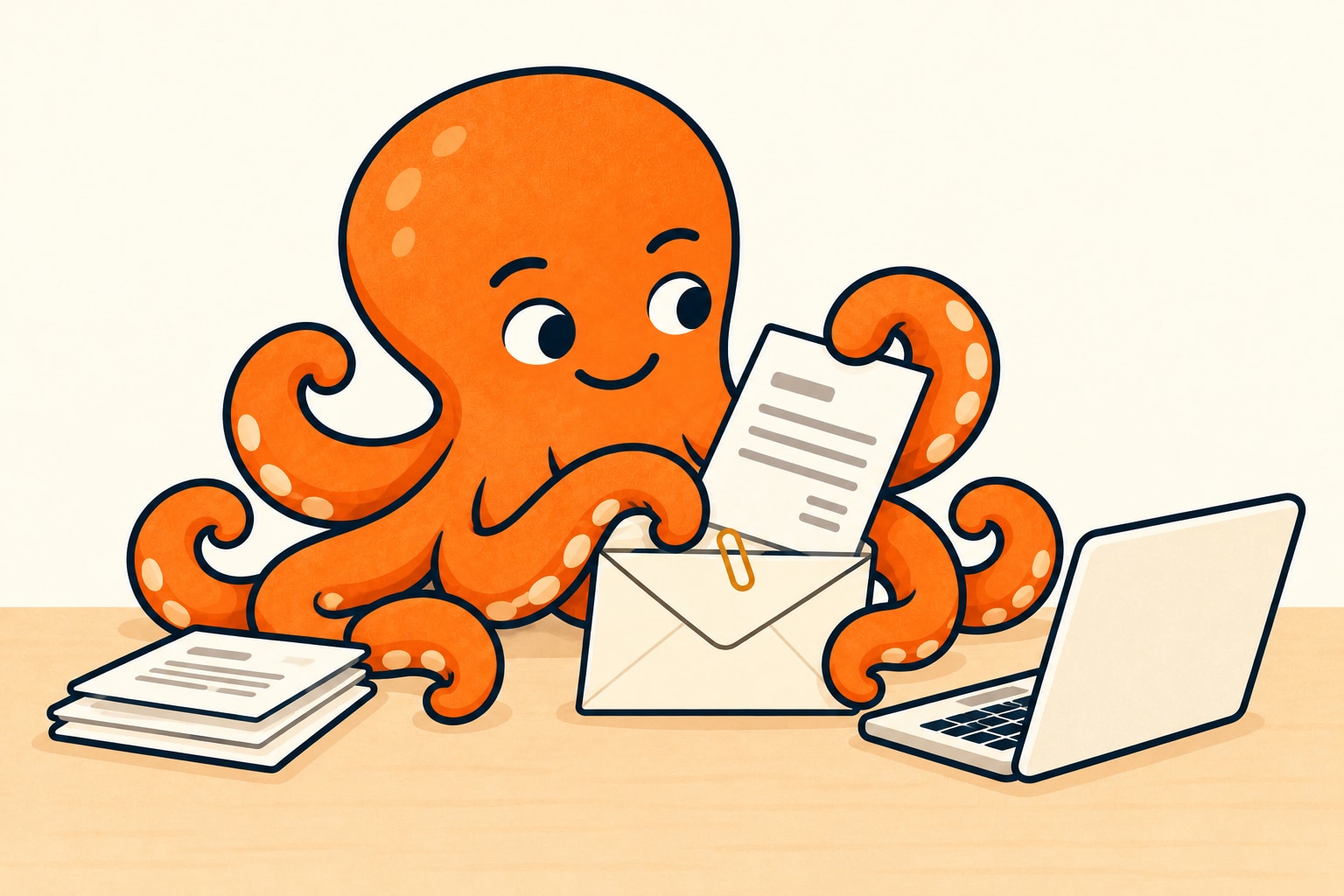 Oranžová chobotnice vkládá dokument do obálky vedle notebooku; ilustrace předání e-mailu s podklady k faktuře.