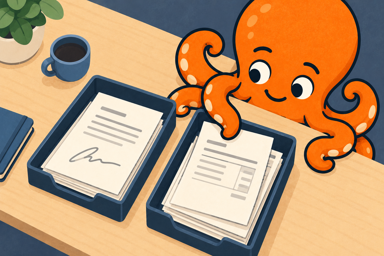 Maskot vybírá fakturu; podepsaná smlouva zůstává v jiné přihrádce