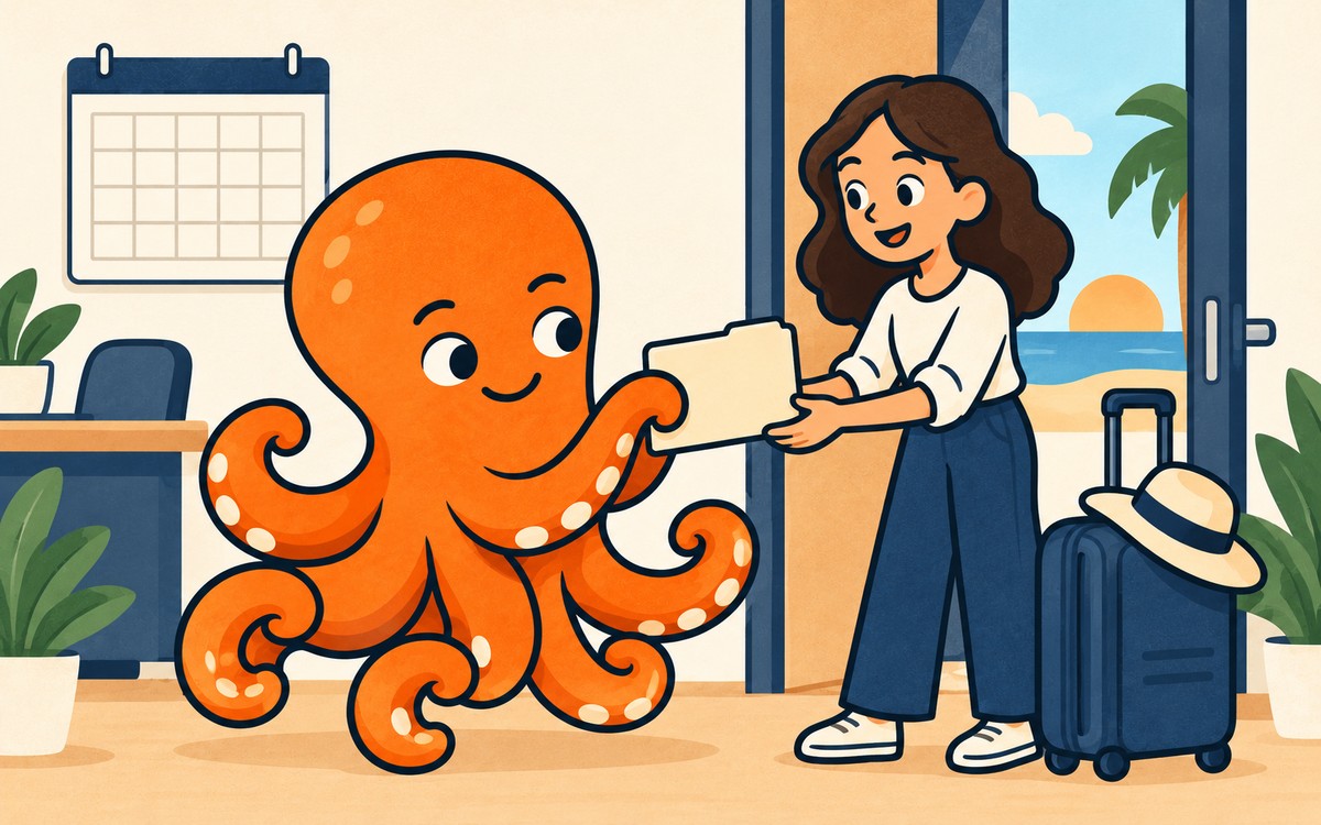 Oranžová chobotnice předává složku kolegyni před dovolenou.