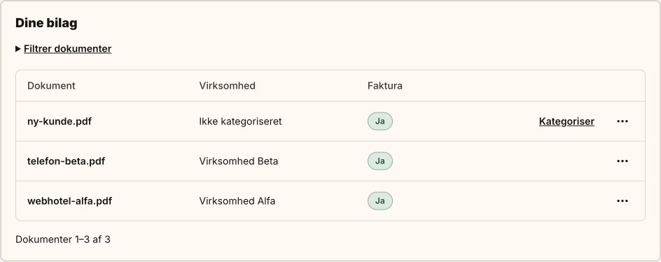 Dokumentliste: Alfa, Beta og ét usorteret dokument