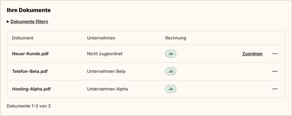 Belegübersicht: Alpha, Beta und ein nicht zugeordneter Beleg