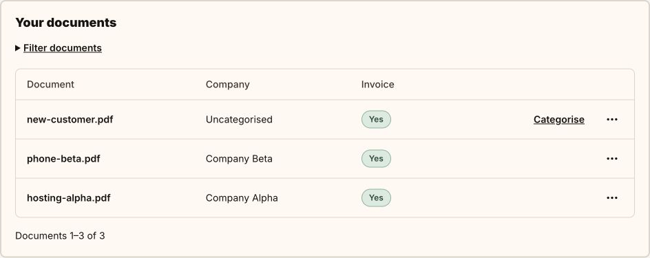 Document list: Alpha, Beta and one unassigned document