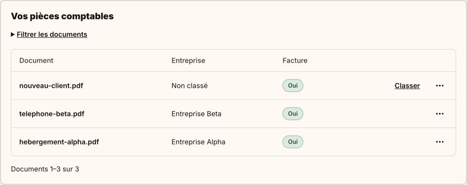 Liste des documents : Alpha, Beta et un document non classé