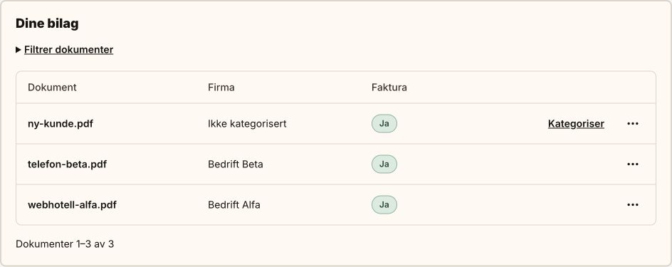 Dokumentliste: Alfa, Beta og ett usortert dokument