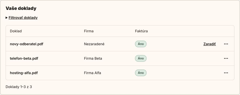 Prehľad dokladov: firmy Alfa a Beta a jeden nezaradený doklad
